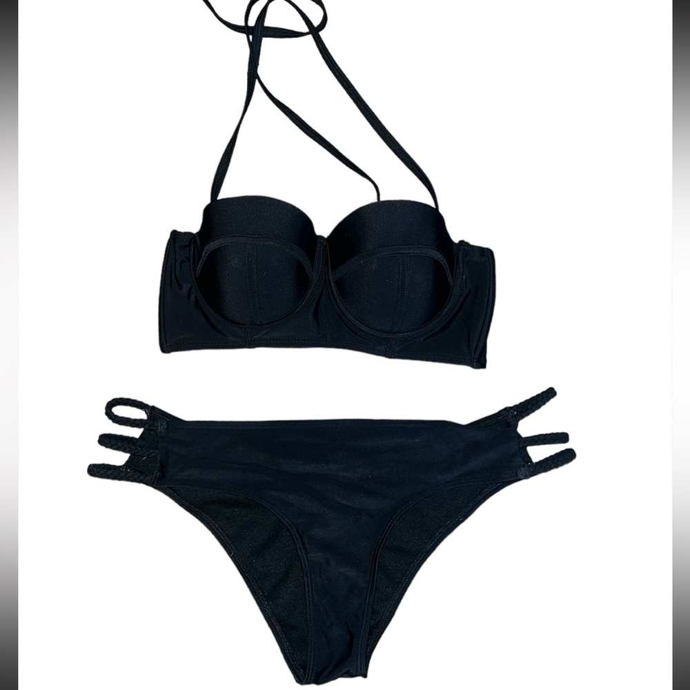 Black Push Up Cage Back Halter Bikini